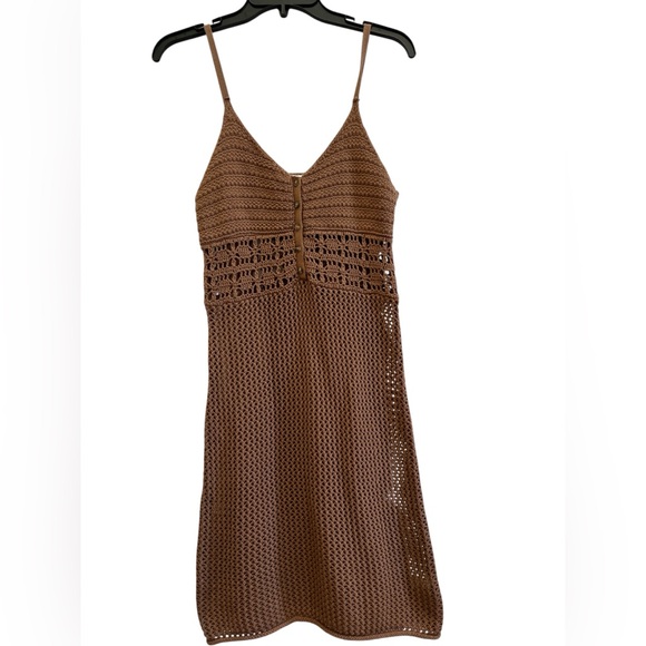 aerie Dresses & Skirts - Aerie 100% Cotton Brown Crochet Knit Tank Dress Boho Beach Small NWOT